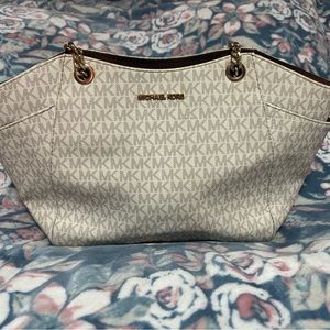 micheal kors brown and white bag gold handles
